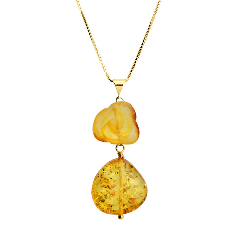 Beautiful Carved Baltic Amber Flower Vermeil Necklace