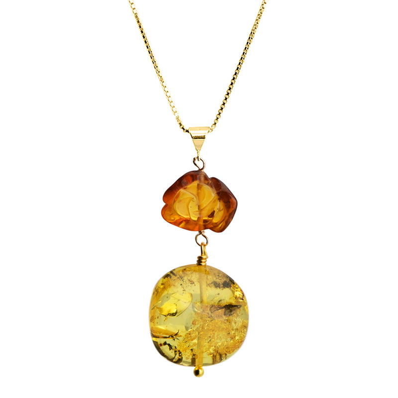 Beautiful Baltic Amber Carved Flower Italian Gold Plated Sterling Silver Necklace