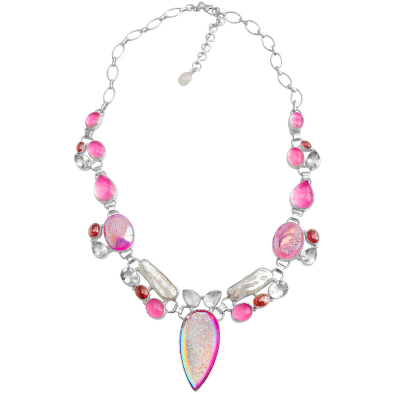 Glamorous Pink Titanium Drusy & Tourmaline Sterling Silver Statement Necklace