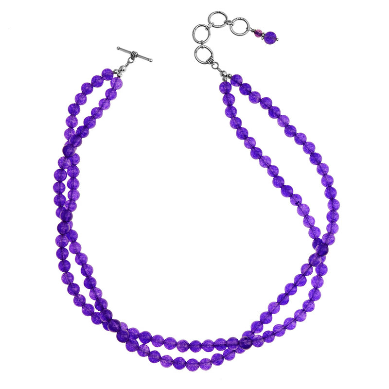 Vibrant Purple Jade Double Strand Sterling Silver Necklace