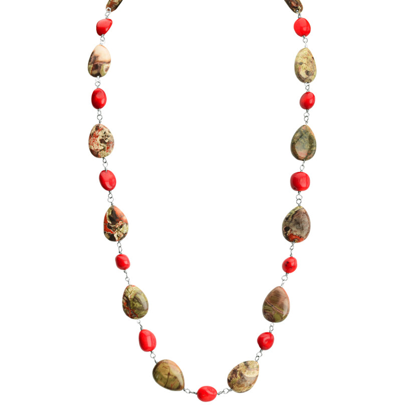 Gorgeous Jasper with Coral Sterling Silver Necklace 22" - 24"