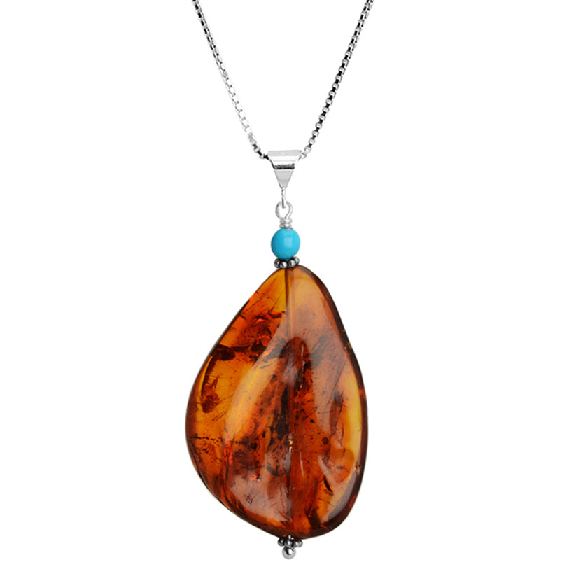 Large Cognac Baltic Amber Stone with Sleeping Beauty Turquoise Sterling Silver Pendant NecklaceNecklace 16" - 18"