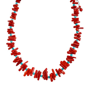 Vibrant Coral and Chalk Turquoise Sterling Silver Necklace 22" - 24"