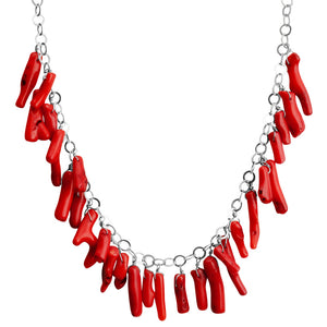 Swinging Bright Coral Branch Sterling Silver Necklace