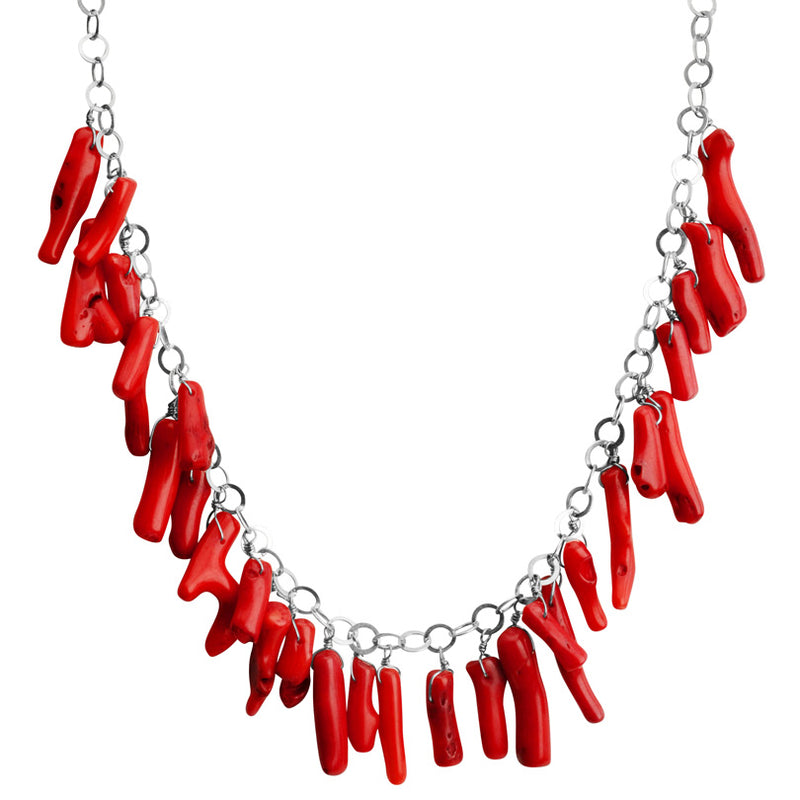 Swinging Bright Coral Branch Sterling Silver Necklace