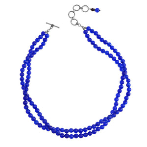 Royal Blue Jade Double Strand Sterling Silver Necklace