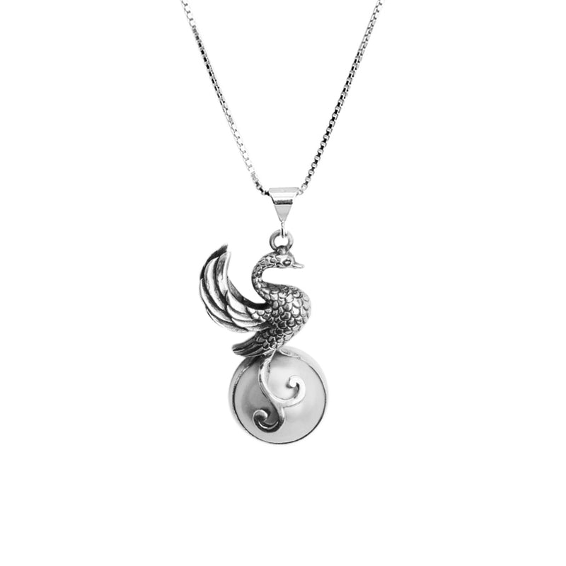 Elegant Silver Bird on White Mabe Pearl Sterling Silver Necklace