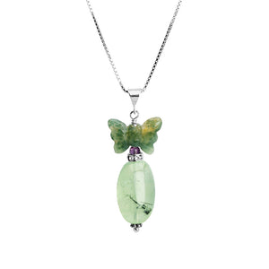 Beautiful Green Prehnite and Moss Agate Butterfly Sterling Silver Pendant Necklace