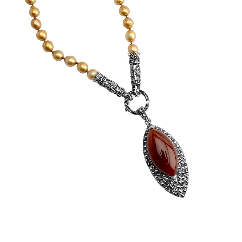 Stunning Art Deco Style Carnelian Marcasite and Fresh Water Pearl Sterling Silver Statement Necklace