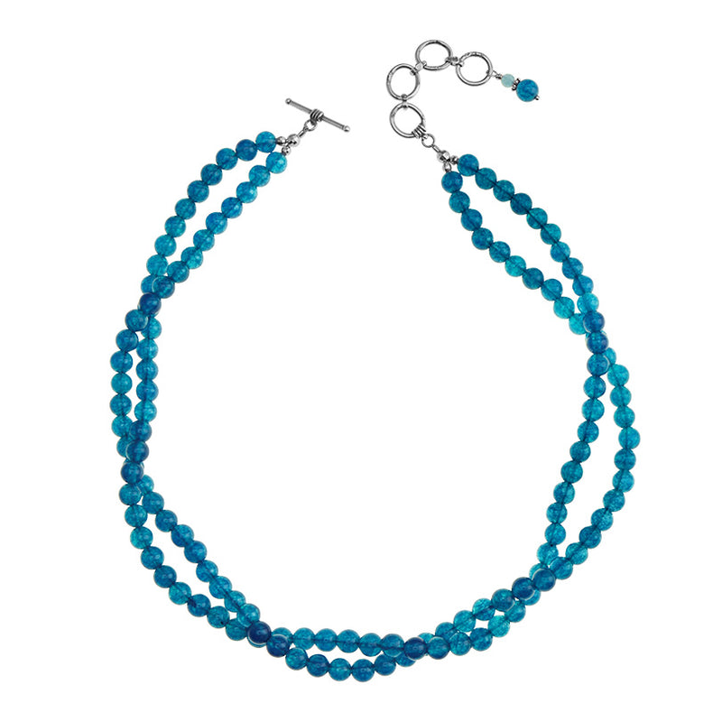 Penetrating Teal Blue Jade Double Strand Sterling Silver Beaded Necklace