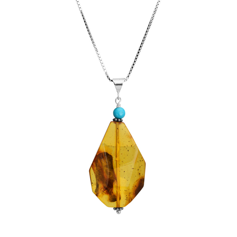Stunning Wave-Cut Cognac Baltic Amber & Turquoise Sterling Silver Necklace