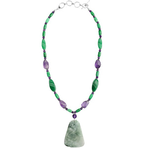 Natural Carved Burmese Jade with Amethyst & Aventurine Sterling Silver Statement Necklace.