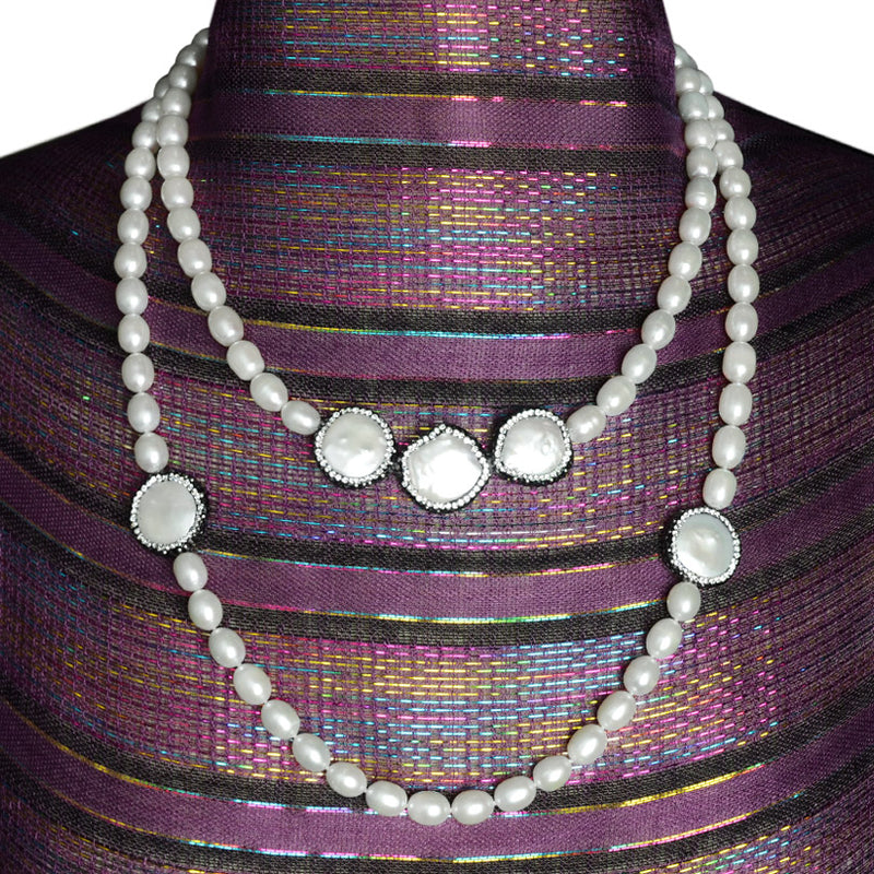 Stunning Fresh Water Pearls with Hematite and Crystal Long Statement Necklace