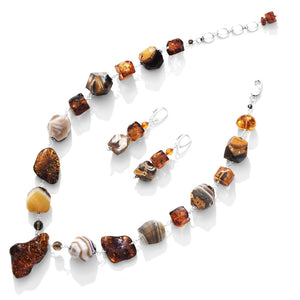 Designer Baltic Amber & Stripped Agate Sterling Silver Statement Necklace.