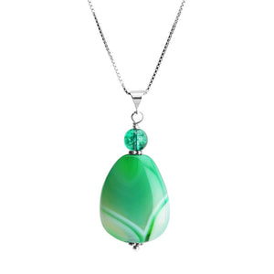 Beautiful Striped Green Agate and Tourmaline Crystal Sterling Silver Necklace