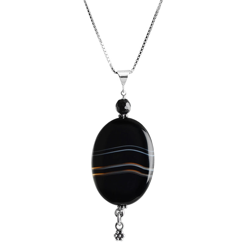 Divine Black Onyx Banded Agate Onyx Sterling Silver Necklace