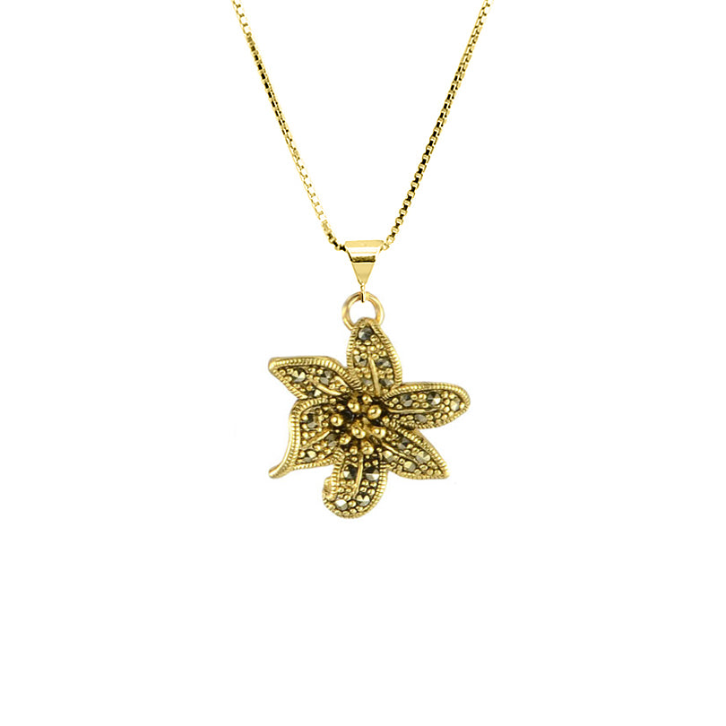 Gold Plated Marcasite Flower on Italian Gold Plated Sterling Silver Chain Necklace