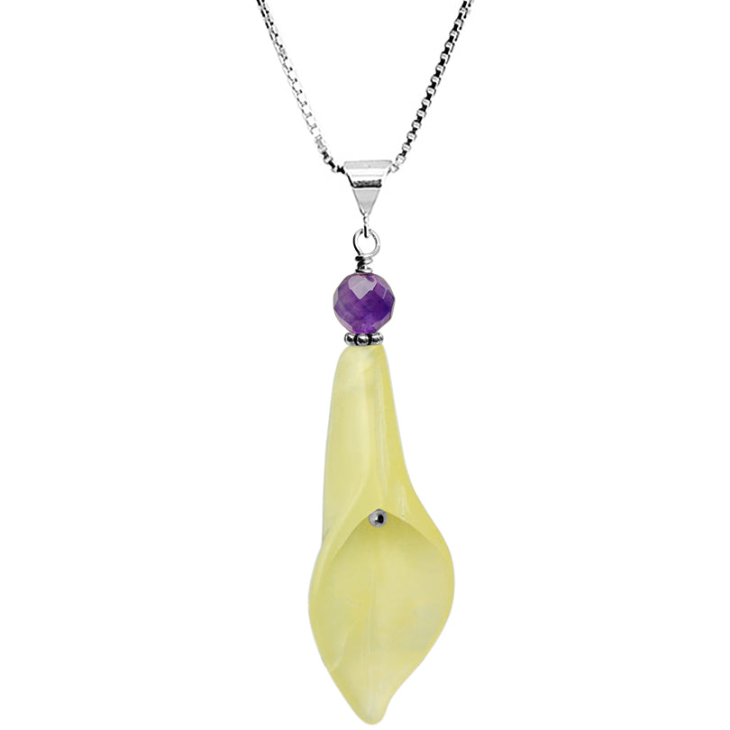 Beautiful Carved Lemon Agate and Amethyst Sterling Silver Lily Flower Necklace