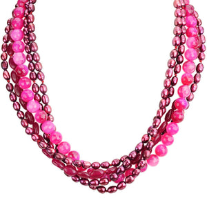 Vibrant 5-Strand Pink Fresh Water Pearl Statement Necklace