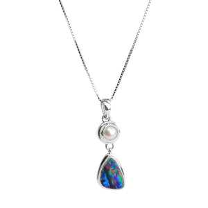 Sparkling Australian Blue Opal and Pearl Sterling Silver Pendant Necklace