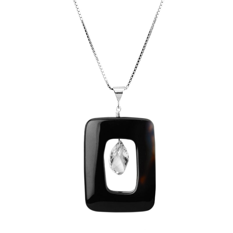 Dramatic Black Onyx and Crystal Sterling Silver Necklace