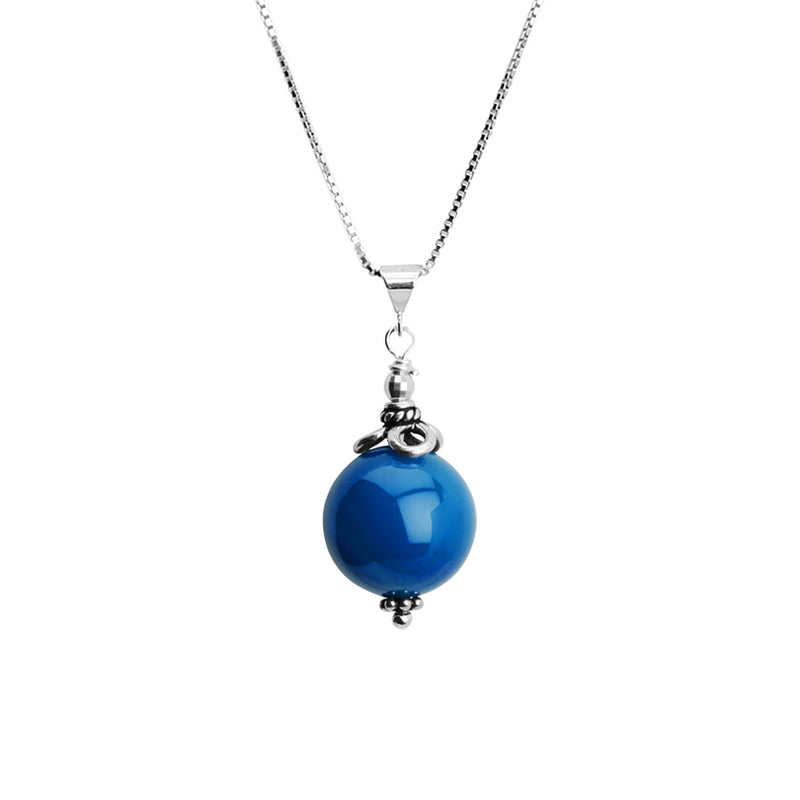 Large Smooth Blue Agate Ball Sterling Silver Necklace 16" - 18"