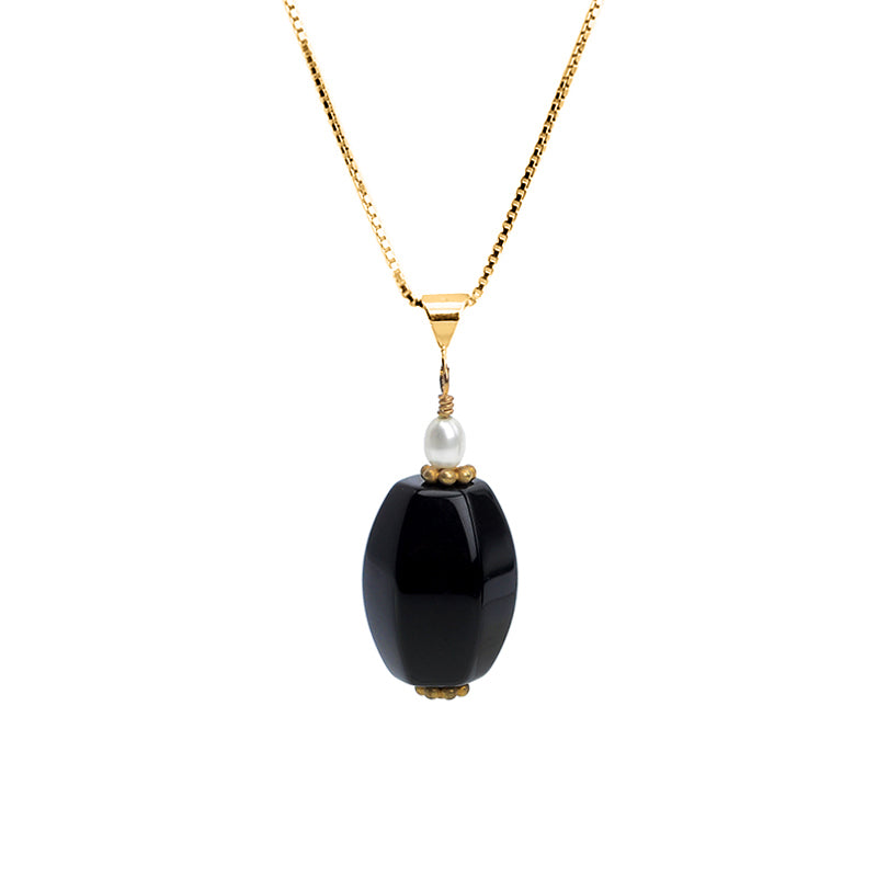 Glamorous Black Onyx and Fresh Water Pearl 18kt Italian Vermeil Necklace