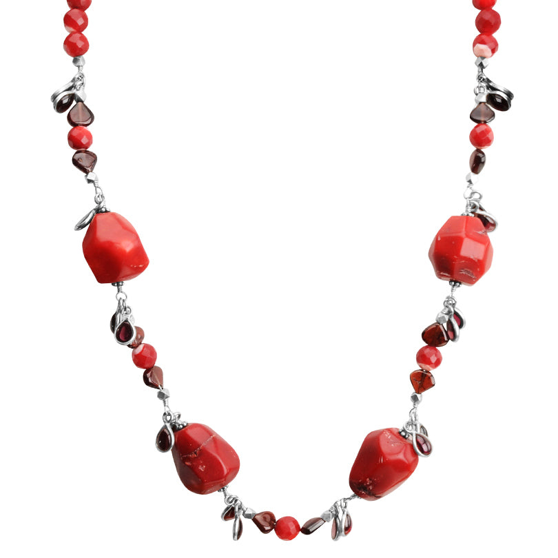 Vibrant Coral Nuggets with Garnet Dangling Teardrops Sterling Silver Statement Necklace