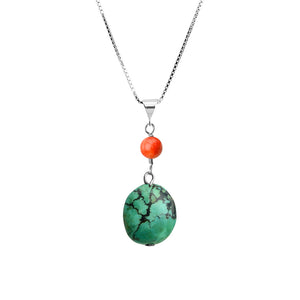 Genuine Turquoise and Coral Sterling Silver Necklace