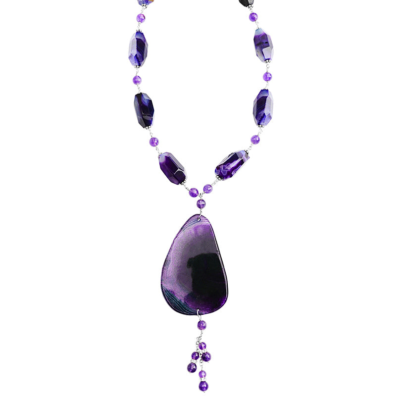 Gorgeous Agate Slice & Amethyst Sterling Silver Toggle Statement Necklace