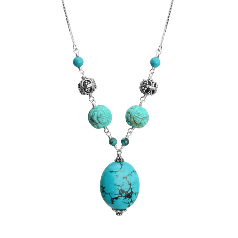 Blue Carved Chalk Turquoise with Balinese Sterling Silver Accents Necklace