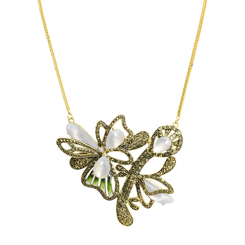 Floral Art Deco Design Gold Plated Marcasite Flower Necklace