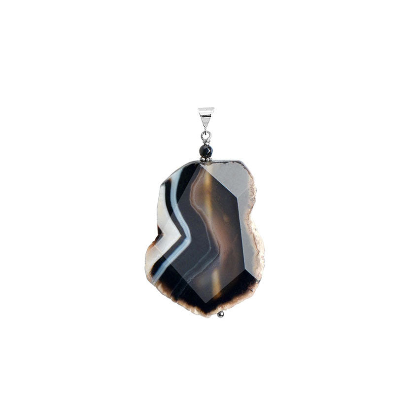 Luxurious, Natural Black Banded Agate With Black Onyx Accent Sterling Silver Pendant