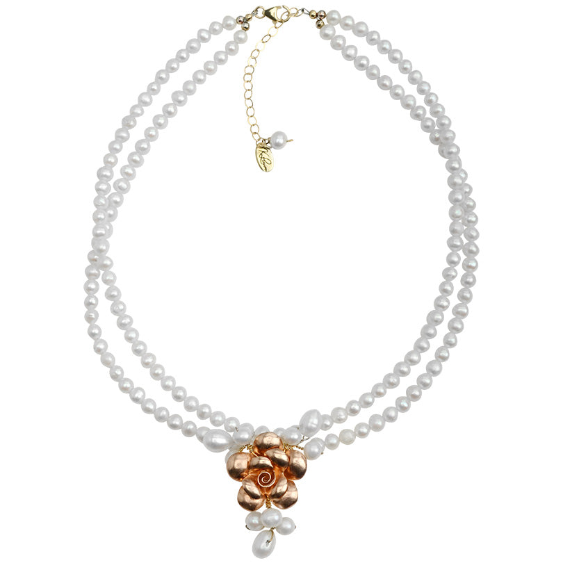 French Style "Dusty Rose" Fresh Water Pearl with Rose Gold Plated Silver Flower Necklace