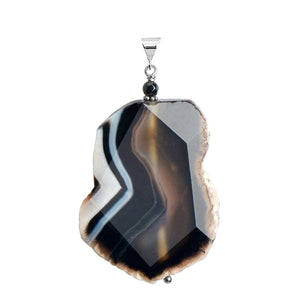 Luxurious, Natural Black Banded Agate With Black Onyx Accent Sterling Silver Pendant