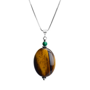 Shimmering Large Tiger's Eye Stone and Green Malachite Sterling Silver Necklace