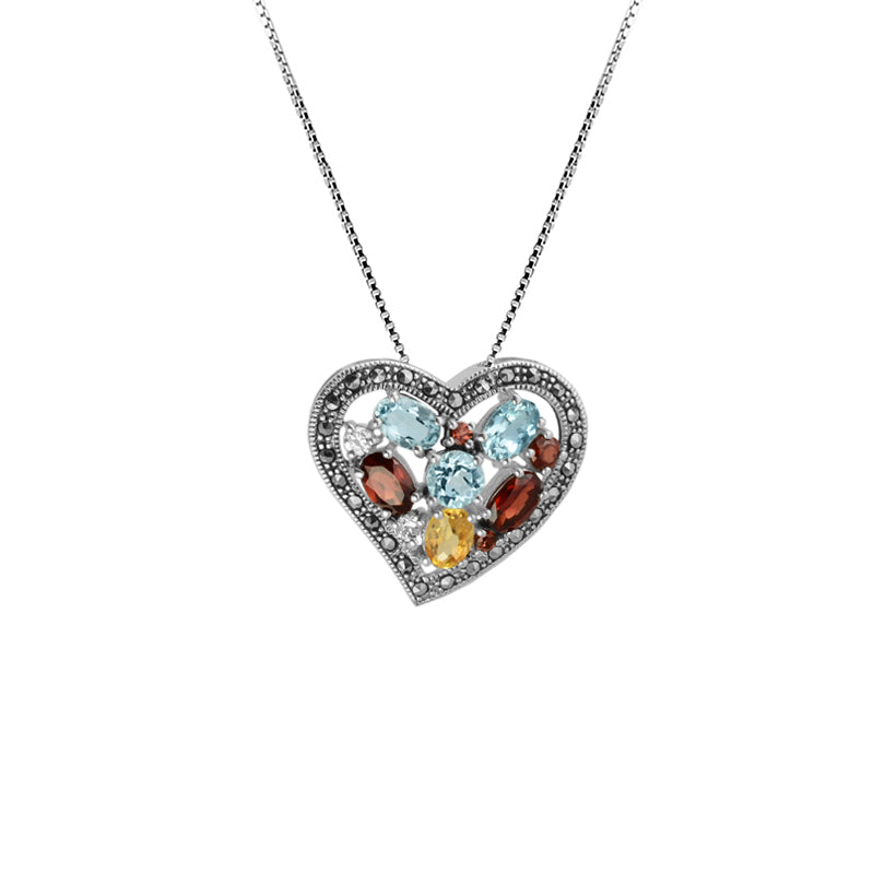 Gorgeous Gemstones and Sparkling Marcasite Sterling Silver Heart Necklace