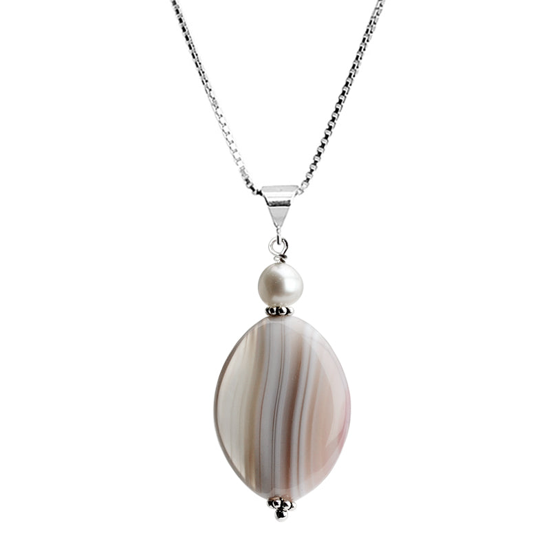 Neutral Tones of Striped Agate and Fresh Water Pearl Sterling Silver Necklace 16" - 18"