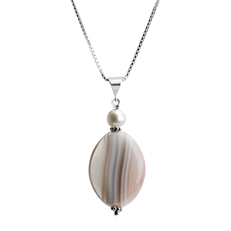 Neutral Tones of Striped Agate and Fresh Water Pearl Sterling Silver Necklace 16