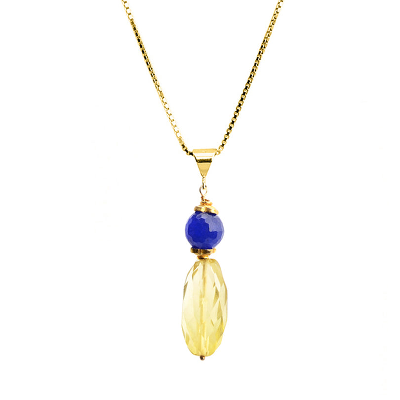 Royal Colors of Lemon Quartz and Royal Blue Agate on Italian Gold Plated Sterling Silver Chain Necklace