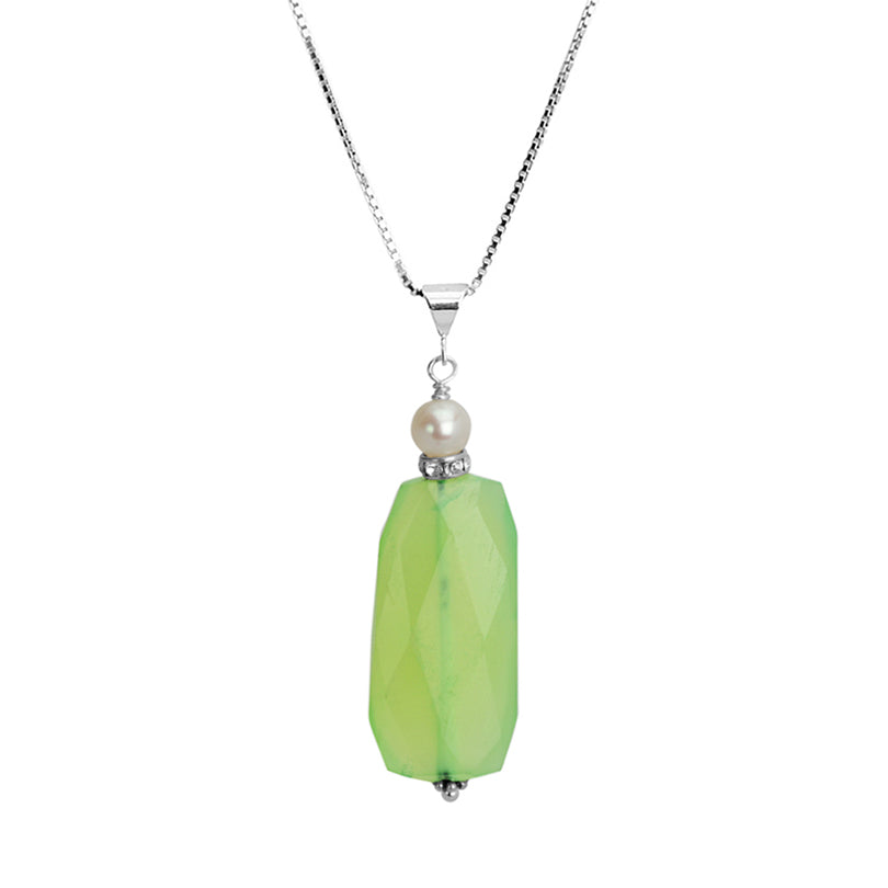Green Faceted Prehnite and Fresh Water Pearl Sterling Silver Necklace