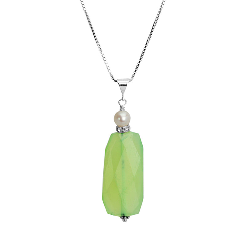 Green Faceted Prehnite and Fresh Water Pearl Sterling Silver Necklace