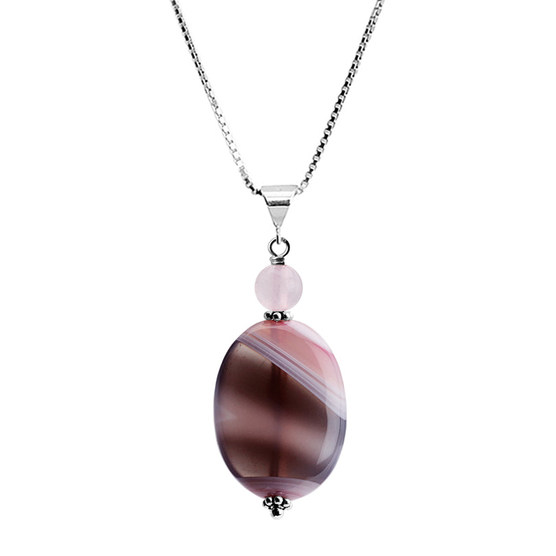 Stripes and Swirls of Dusty Rose and Mystic Gray Agate accented with Rose Quartz Sterling Silver Necklace 16" - 18"