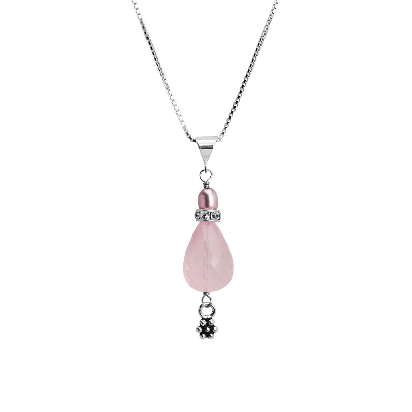 Lovely Faceted Rose Quartz and Fresh Water Pearl Sterling Silver Necklace 16" - 18"