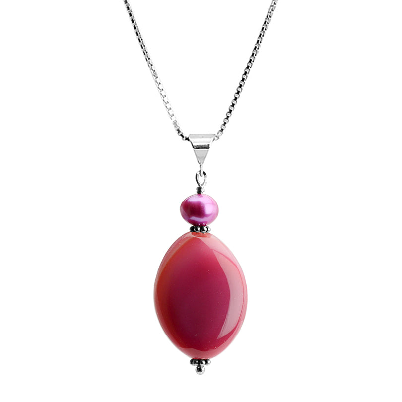 Brilliant Pink Agate and Fresh Water Pearl Sterling Silver Necklace