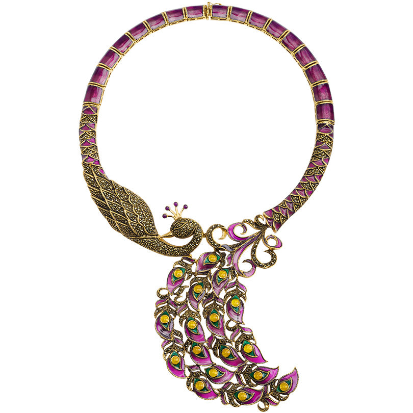 Gorgeous Blended Purples & Rose Tones Gold Plated Marcasite Majestic Peacock Statement NecklaceNecklace 17"-only one