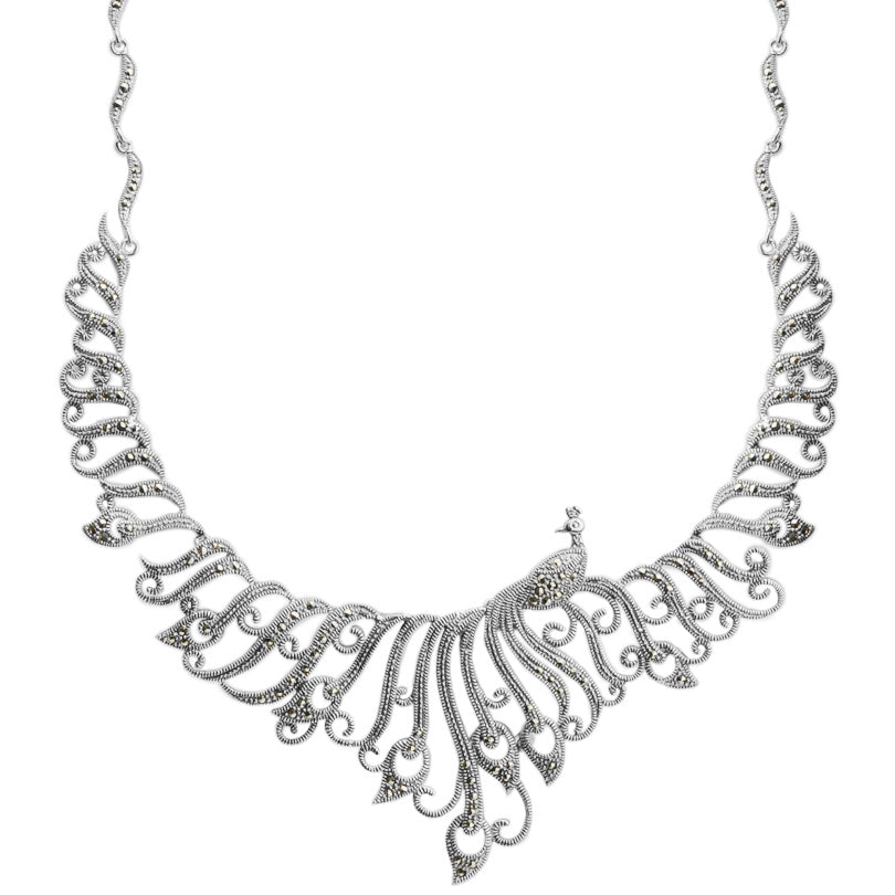 Exotic Marcasite Lace Peacock Silver Plated Statement Necklace