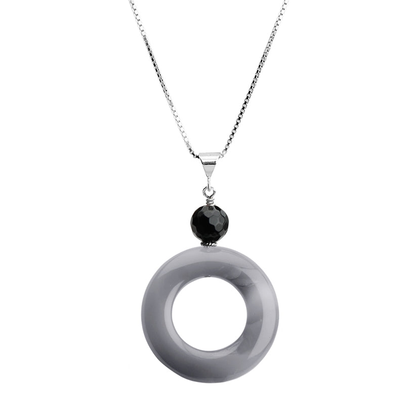 Dramatic Black Onyx and Neutral Jade Sterling Silver Necklace