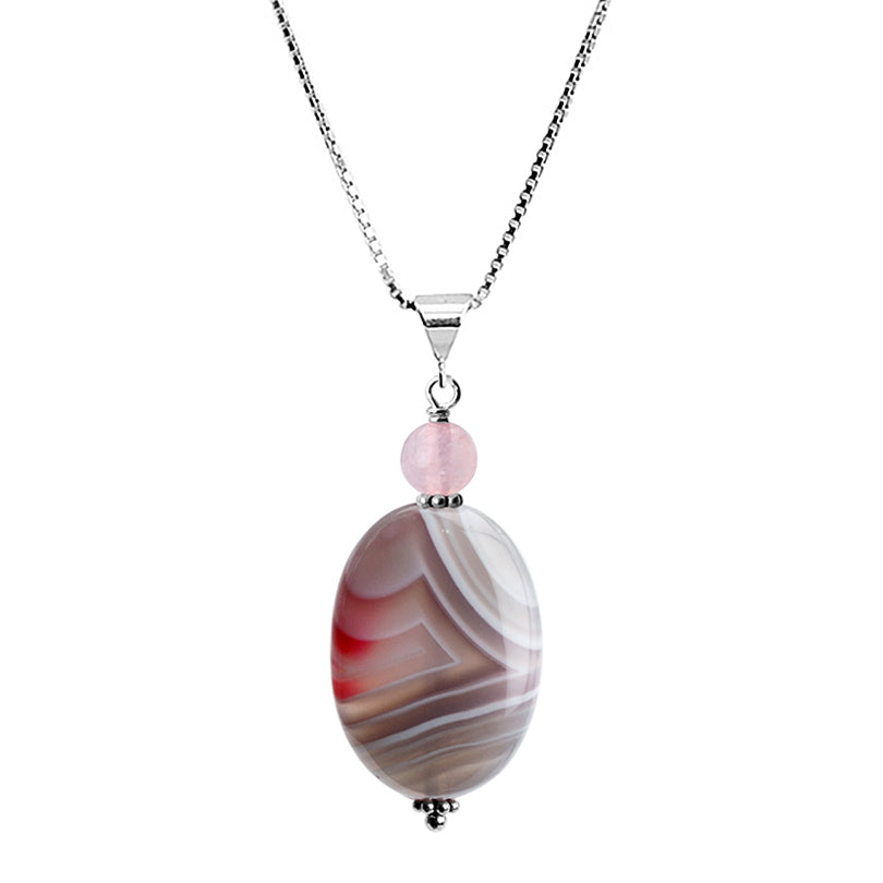 Purple Striped Natural Agate and Rose Quartz Sterling Silver Necklace