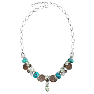 Stunning Ammonite, Turquoise and Green Amethyst Sterling Silver Statement Necklace